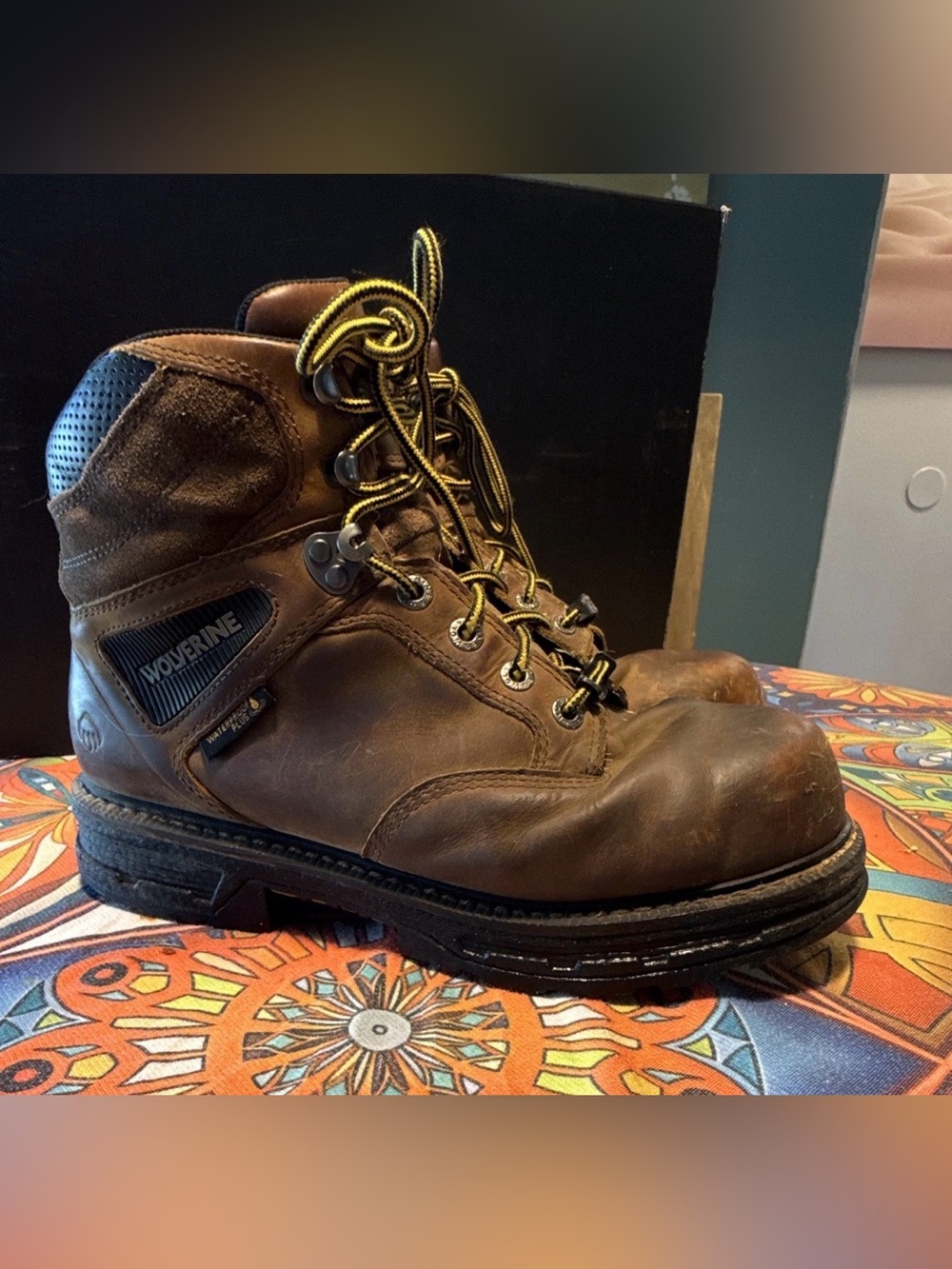 Wolverine Brown Leather Steel-Toe Work Boots with Yellow Laces